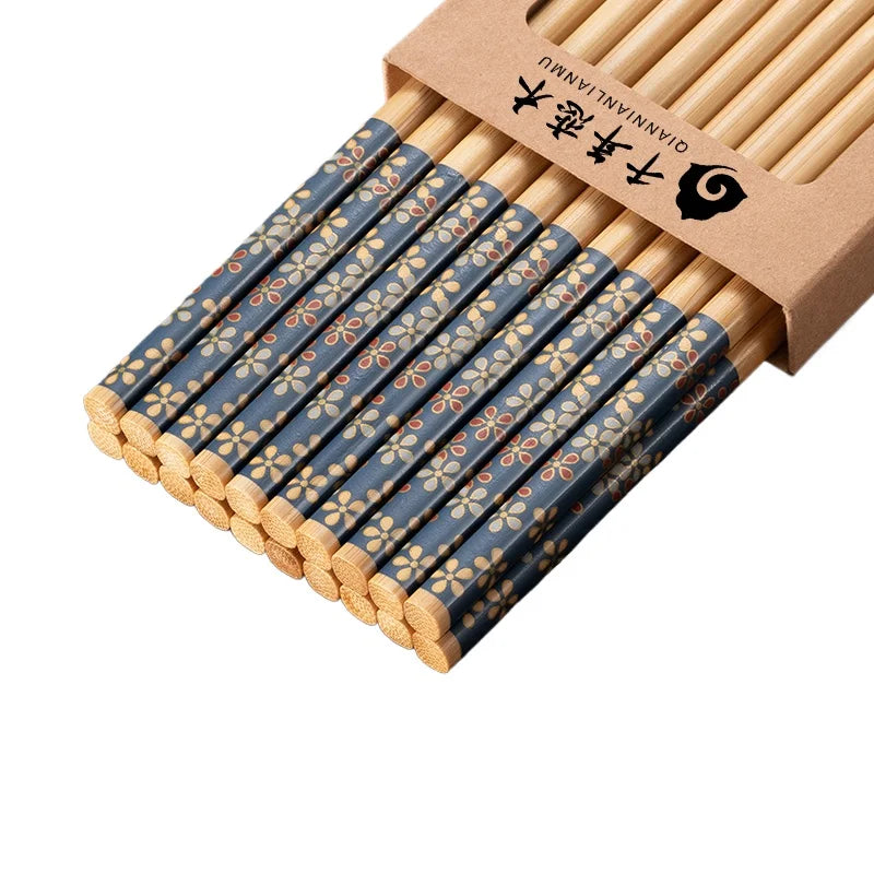 Blue Red Chopsticks Set | Natural Bamboo Japanese Flower -  5/10 Pairs
