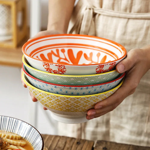 Colorful Round Porcelain Ramen Bowl | Asian Bowls for Noodles, Soups, Rice - 1 Pc