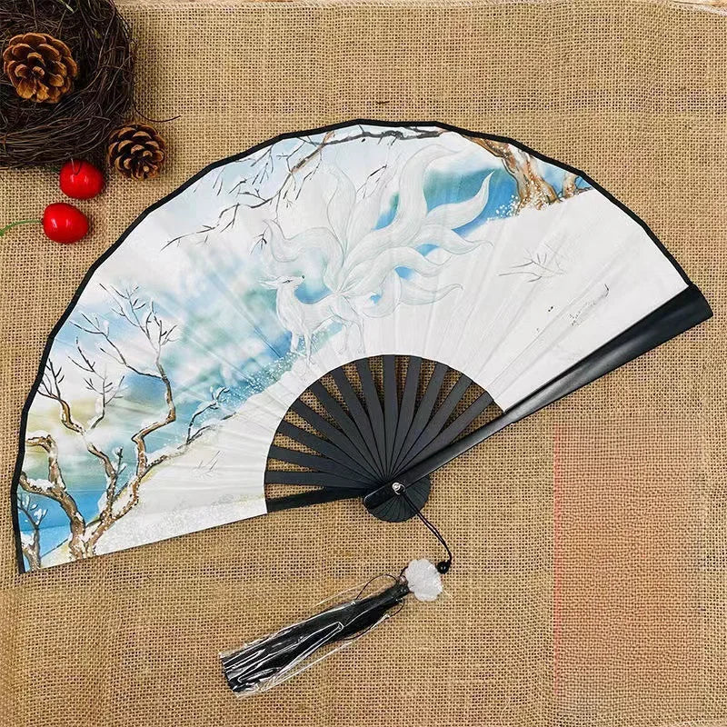 White Fox Silk Chinese Fan | Traditional Bamboo Folding Fans - 1 Pc