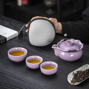 Purple Travel Tea Set Portable | Floral Chinese Teapot Cups with Case