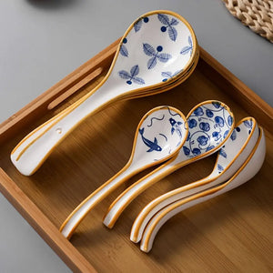 Exquisite Blue Pattern Ceramic Asian Soup Spoons | Yellow Japanese Long Handle Spoon - 1 Pc