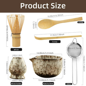 Brown Textured Matcha Tea Set | Bowl Sifter Spoon Scoop Whisk Holder - 6 Pc