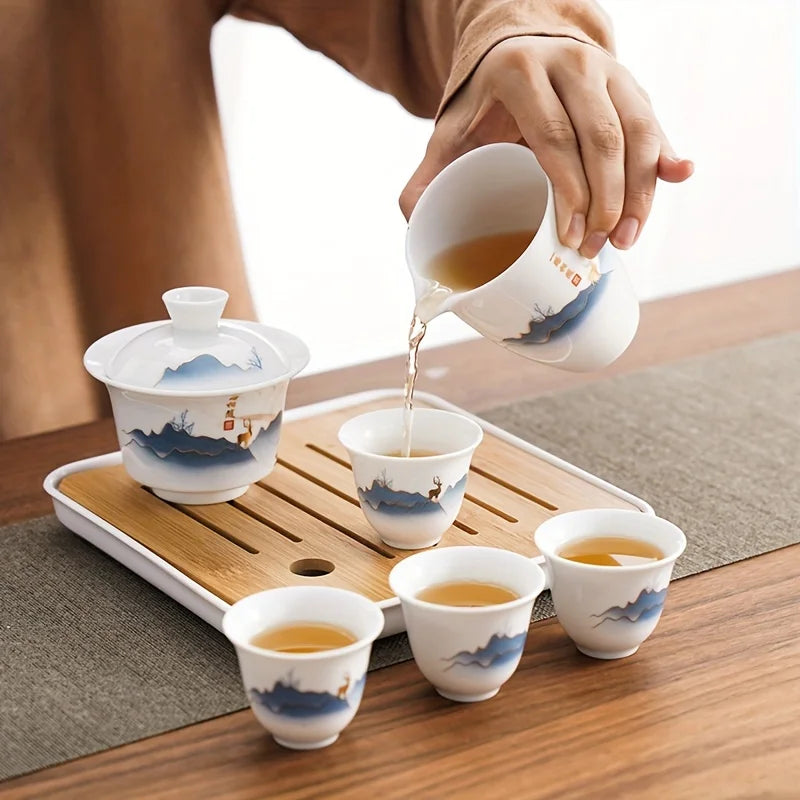 Simple Chinese Tea Set White Chinese Tea Set with Tray – Traditional Ceramic (7-Piece ...