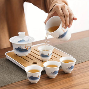 White Chinese Tea Set with Tray | Authentic Traditional Ceramic Kung Fu Set