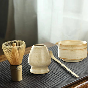 White Japanese Matcha Whisk Stand Chawan Bowl Bamboo Whisk Set - 4 Pc