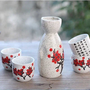 Red Plum Cherry Blossom Sake Set | Sakura 4 Wine Cups 1 Tokkuri Bottle - 5 Pcs