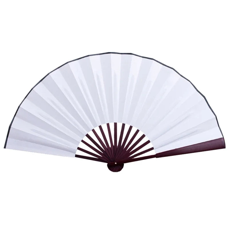 White Folding Silk Chinese Hand Fan | Cloth Handheld Bamboo - 1 Pc