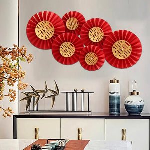 Red Hanging Paper Fan | Chinese Vietnamese Wedding Decor - 6 Pc