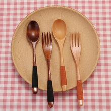 Load image into Gallery viewer, Braided Handle Wood Asian Soup Spoons and Fork Utensils 2 Pc Set