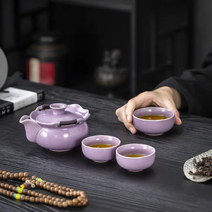 Purple Travel Tea Set Portable | Floral Chinese Teapot Cups with Case