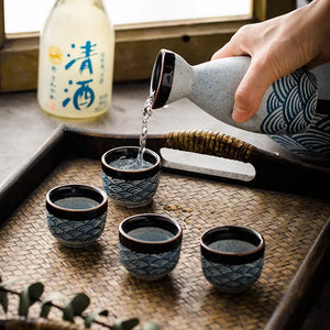 Blue Waves Sake Set | Japanese Painted Ceramic Tokkuri Bottle and Ochoko Cup - 5 Pc