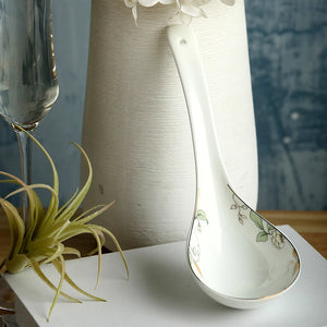 Green Leaf Bone China Soup Ladle | Ceramic Asian Spoon - 1 Pc