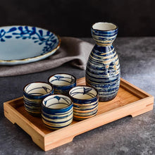 Load image into Gallery viewer, Blue Stripes Artisan Japanese Sake Set | Hand-Painted Ceramic Tokkuri Bottle and Ochoko Cups