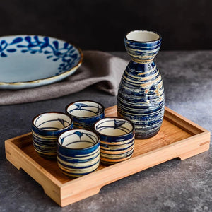 Blue Stripes Artisan Japanese Sake Set | Hand-Painted Ceramic Tokkuri Bottle and Ochoko Cups