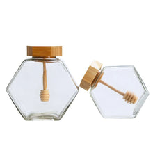 Load image into Gallery viewer, Small Honey Jar with Dipper | Hexagonal Glass Bottle with Wooden Stick - 1 Set