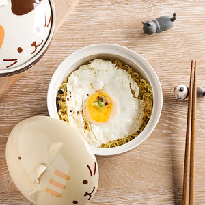 Cute Cat Ramen Bowl | Japanese Ceramic Kitty Soup Bowls with Lid