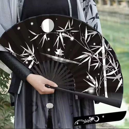 Black & White Temple Chinese Fan| Large Bamboo Handheld - 1 Pc