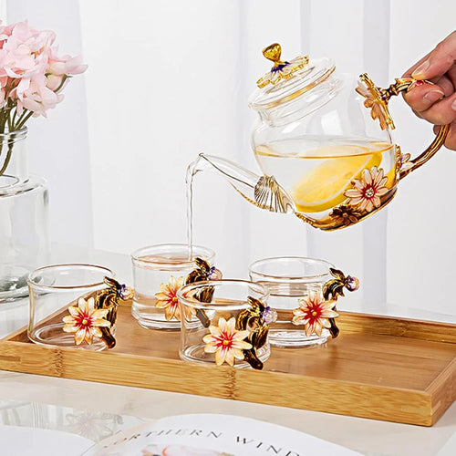 Daisy Enamel Glass Tea Pot Set | Gold Floral 6 Cups Gift - 7 Pc