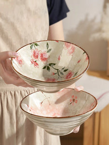 Pink Flower Japanese Bowls | Vintage Large Ceramic Noodle Ramen Soup - 1 Pc