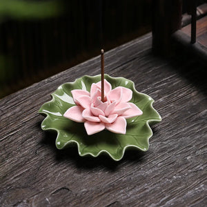 White Lotus Green Leaf Incense Holder | Ceramic Floral Burner Tray - 1 Pc