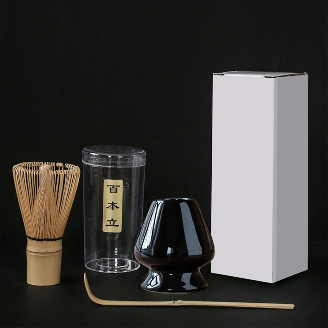 Black Matcha Tool Set | Bamboo Whisk, Tea Scoop, and Holder - 3 Pc