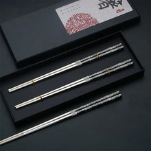 Load image into Gallery viewer, Black &amp; Silver Floral Korean Metal Stainless Steel Chopsticks with Holders| 2/3/5 Pairs