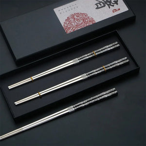 Black & Silver Floral Korean Metal Stainless Steel Chopsticks with Holders| 2/3/5 Pairs