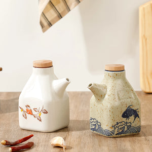 Asian Ceramic Soy Sauce Bottle and Dispenser | Painted Oil Bottles and Liquid Storage Container for Kitchen - 1 Pc