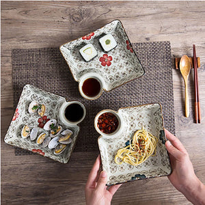 Large Square Sushi Plates with Dipping Bowl | Japanese Ceramic Platter - 1 Pc