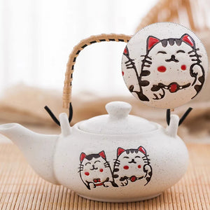 Lucky Cat Teapot with 4 Tea Cups | Ceramic  Japanese Chinese Maneki Neko Set