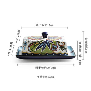 Folk Art Ceramic Butter Dish | Cute Cheese Storage with Lid - 1 Set