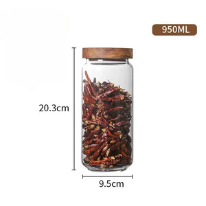 Glass Spice Jars with Dark Wood Lid | Sealed Tea Canister - 1pc