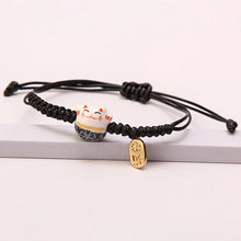 Load image into Gallery viewer, Black Lucky Cat Braided Bracelet | Adjustable Ceramic Kitty Jewelry with Gold Charm - 1 Pc