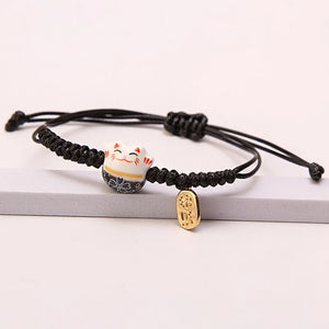 Black Lucky Cat Braided Bracelet | Adjustable Ceramic Kitty Jewelry with Gold Charm - 1 Pc