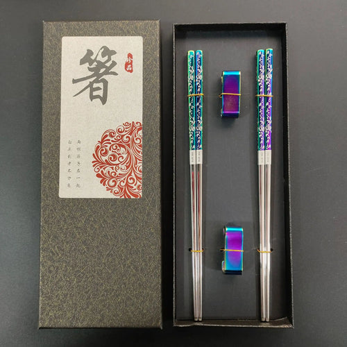 Unique Chrome Rainbow Korean Metal Stainless Steel Chopsticks with Holder - 2/3/5 Pairs