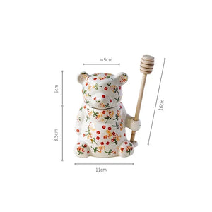 Cute Small Honey Jar with Dipper | Ceramic Bear Holding Wooden Stick - 1 Set