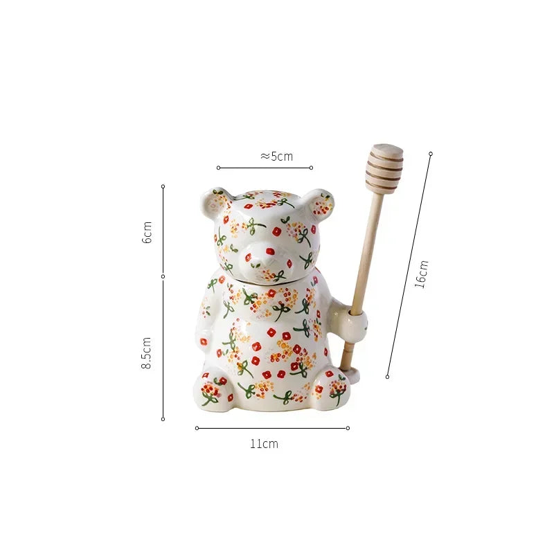 Cute Small Honey Jar with Dipper | Ceramic Bear Holding Wooden Stick - 1 Set