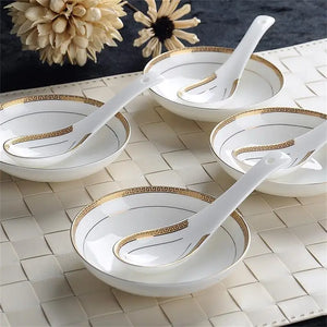 White & Gold Bone China Spoon | Chinese Asian Soup Spoons - 6 Pc Set