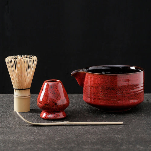 Red Matcha Set | Japanese Tea Bowl Whisk Holder - 4 Pc