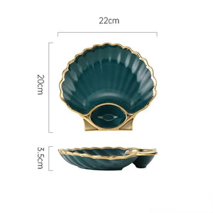 Shell Japanese Sushi Plates | Gold Luxury Ceramic Serving Plate with Sauce Holder - 1 Pc