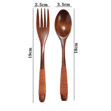 Load image into Gallery viewer, Braided Handle Wood Asian Soup Spoons and Fork Utensils 2 Pc Set