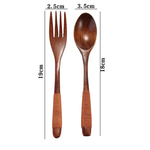 Braided Handle Wood Asian Soup Spoons and Fork Utensils 2 Pc Set