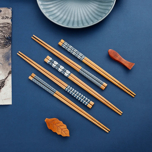 Blue Wave Bamboo Chopsticks | Reusable Japanese Wooden Luxury - 5 Pairs