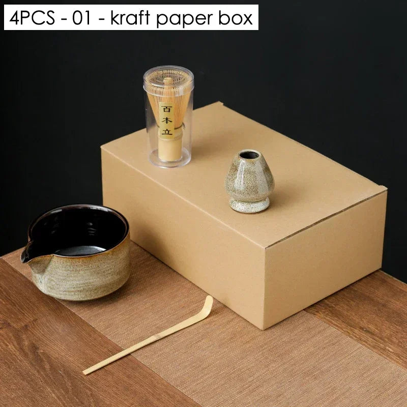 Beige & Black Matcha Set | Chawan, Scoop, Whisk, and Holder - 4 Pc