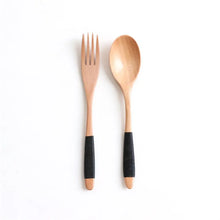 Load image into Gallery viewer, Braided Handle Wood Asian Soup Spoons and Fork Utensils 2 Pc Set