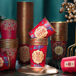 Red Chinese Wedding Paper Cups | Gold Disposable Tea Ceremony Cup - 50 Pcs