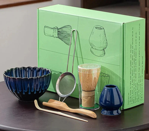 Blue Scallop Matcha Set | Bamboo Ceramic Japanese Tea Gift Set - 6 Pc