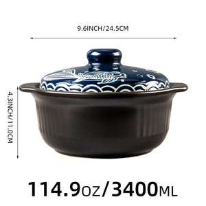 Large Blue Koi Donabe Pot | Black Ceramic Japanese Cookware - 1 Set