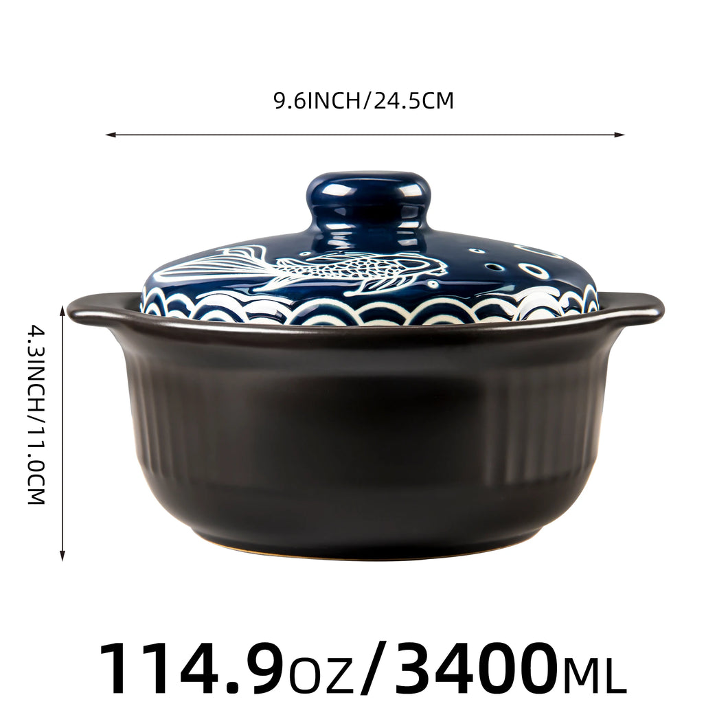 Large Blue Koi Donabe Pot | Black Ceramic Japanese Cookware - 1 Set