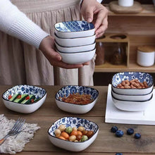 Load image into Gallery viewer, Blue &amp; White Rounded Ceramic Japanese Square Soy Sauce Dishes - 4/6 Pc Sets